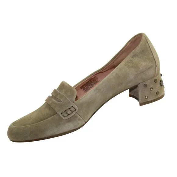 UGG Elise Tan Khaki Suede Penny Loafers Studded Heel Boho Chic Size 6.5 - Picture 4 of 11